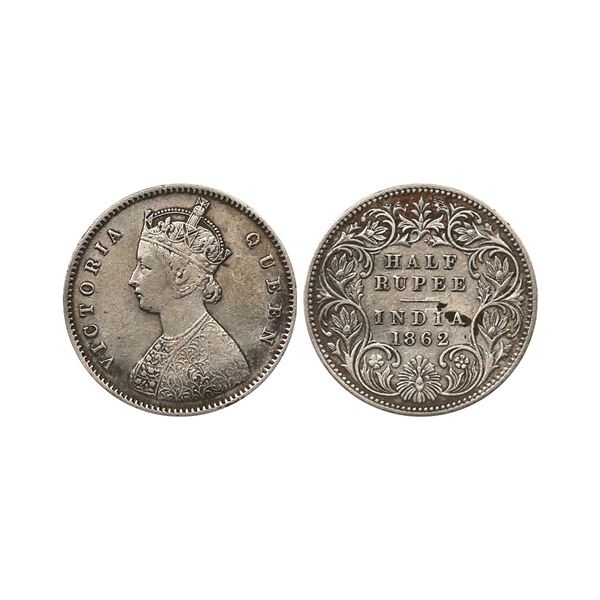 Victoria Queen, Silver 1/2 Rupee, 1862, Calcutta Mint