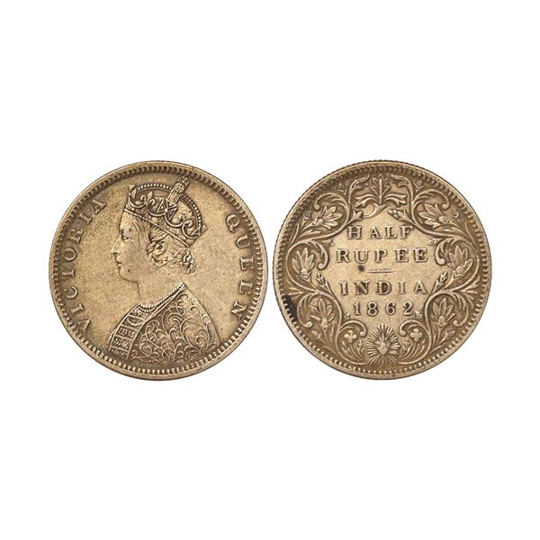 Victoria Queen, 1862, Silver 1/2 Rupee, Extremely Fine
