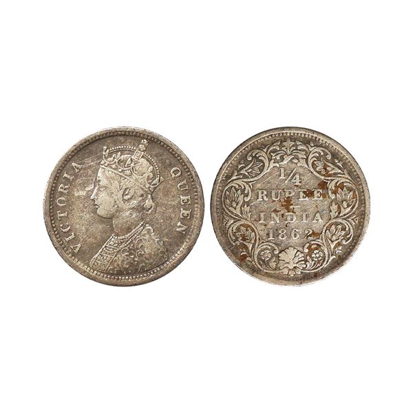 Victoria Queen, Silver 1/4 Rupee, 1862, Madras Mint