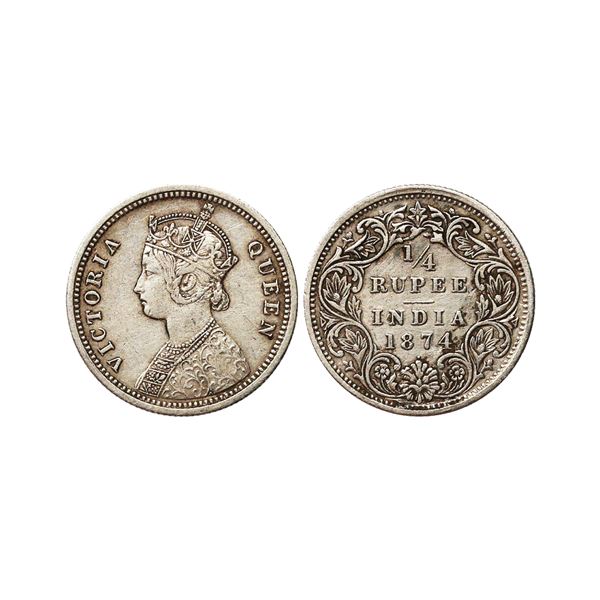 Victoria Queen, Silver 1/4 Rupee, 1874, Bombay Mint