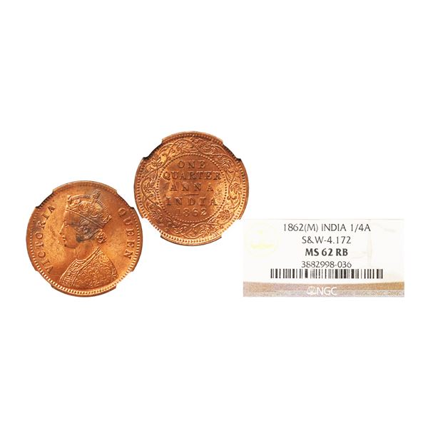 Victoria Queen, Copper 1/4 Anna, 1862, Madras Mint