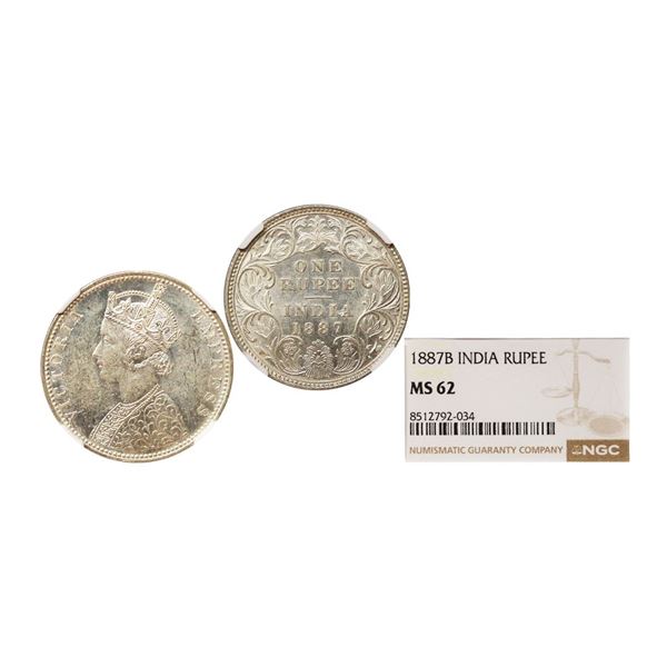 Victoria Empress, Silver Rupee, 1887, Bombay Mint, A5 / I / B incuse Graded by NGC MS62.