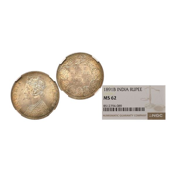 Victoria Empress, 1891, Silver Rupee, Bombay mint, C2/I, b incuse on top flower, The speci