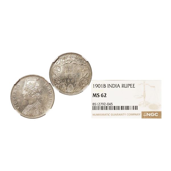 Victoria Empress, Silver Rupee, 1901, Bombay Mint, A3 / I / B incuse, Graded by NGC MS62.