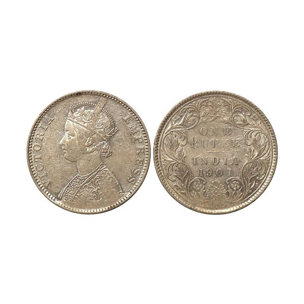 Victoria Empress 1901, Silver Rupee, Die Cud error on Obverse in Jabot of Queen Victoria,