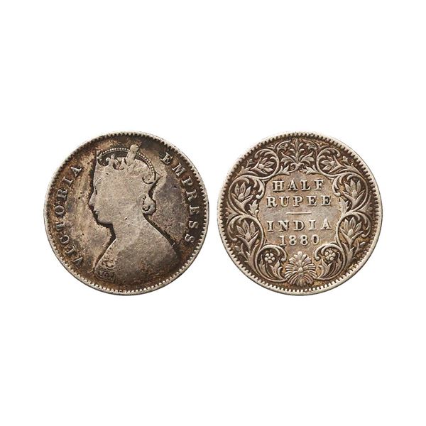 Victoria Empress, Silver 1/2 Rupee, 1880, Calcutta Mint, C Incuse, Fine, Extremely Rare.