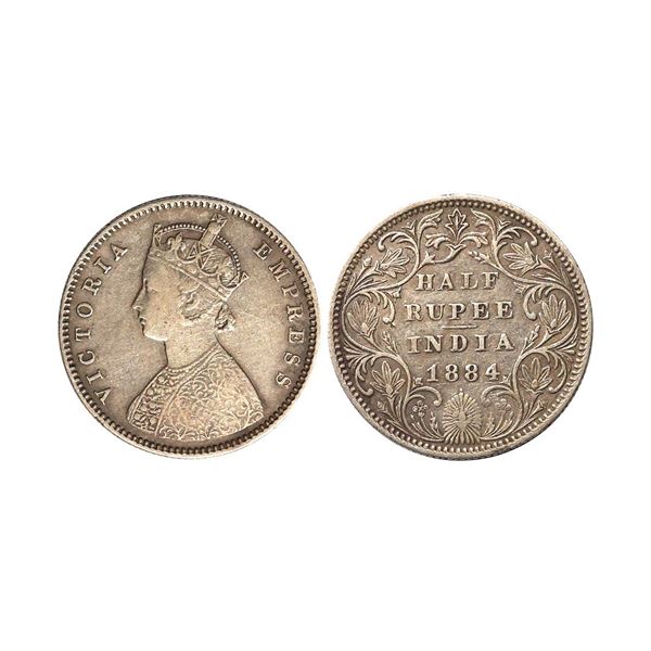 Victoria Empress, Silver 1/2 Rupee, 1884, Bombay Mint; Dot, Fine+, Scarce.