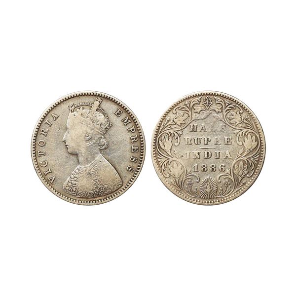 Victoria Empress, Silver 1/2 Rupee, 1886, Bombay Mint, B Raised, Fine, Very Scarce.