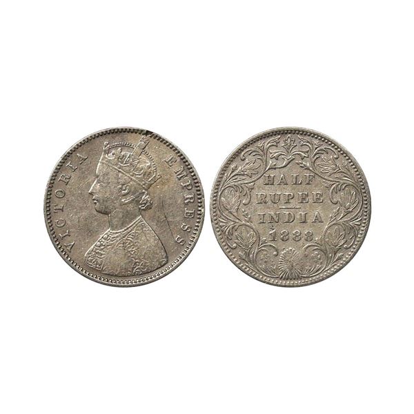 Victoria Empress, Silver 1/2 Rupee, 1888, No Mint Mark, Very Fine.