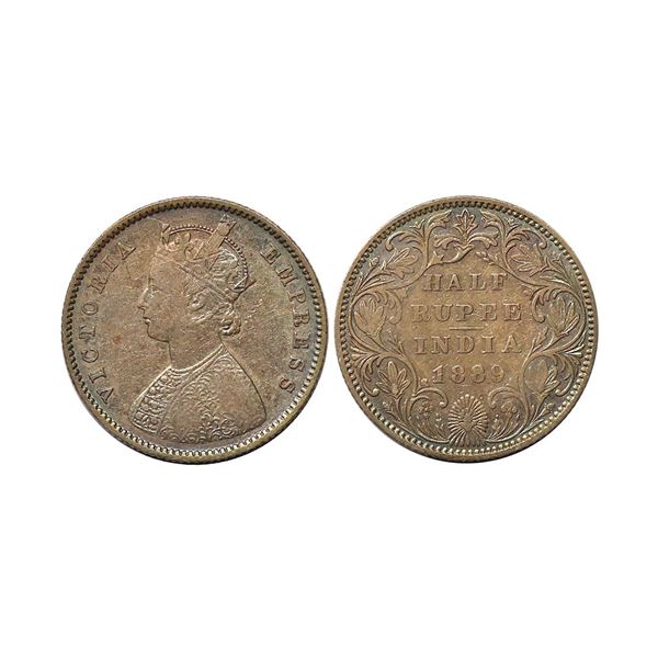 Victoria Empress, Silver 1/2 Rupee, 1889, Bombay Mint, B Raised, Beautiful Toned, Very Fin