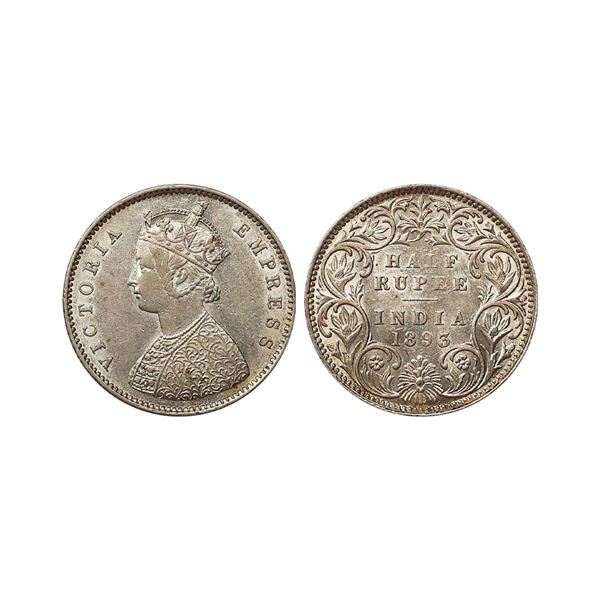 Victoria Empress, Silver 1/2 Rupee, 1893, Bombay Mint, B Incuse, AUNC, Rare.