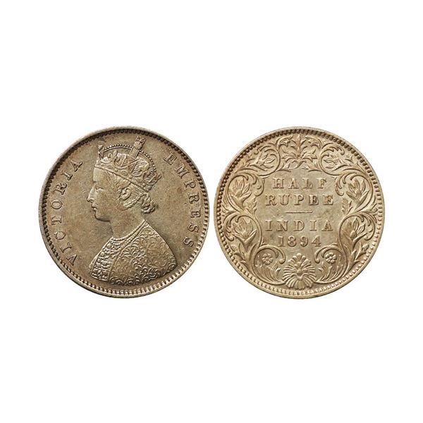 Victoria Empress, Silver 1/2 Rupee, 1894, Bombay Mint; B Incuse, Very Fine+, Rare.