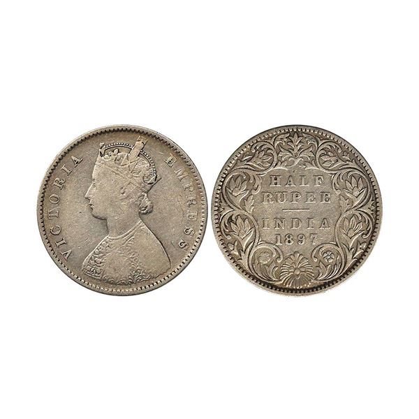 Victoria Empress, Silver 1/2 Rupee, 1897, Bombay Mint; B Incuse, Fine, Scarce.