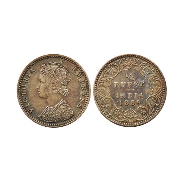 Victoria Empress, Silver 1/4 Rupee, 1889, Bombay Mint, B Incuse, Extra Fine, Scarce.