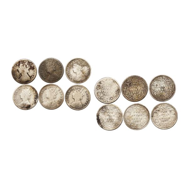 Victoria Empress, Silver 2 Annas, Set of 6, 1877B, 1882B, 1889C, 1890B, 1892B, 1897B