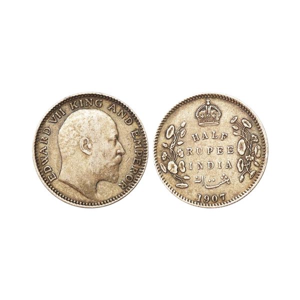Edward VII King & Emperor, Silver 1/2 Rupee, 1907, Calcutta Mint