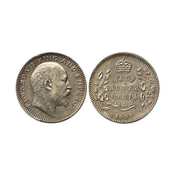 Edward VII King & Emperor, Silver 1/2 Rupee, 1907, Calcutta Mint