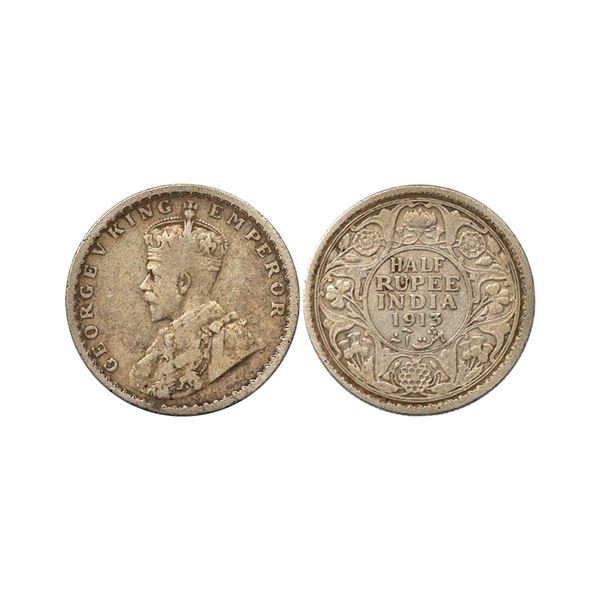 George V King Emperor, Silver 1/2 Rupee, 1913, Calcutta Mint