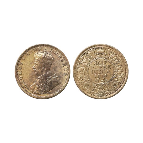 George V King Emperor, Silver 1/2 Rupee, 1914, Bombay Mint