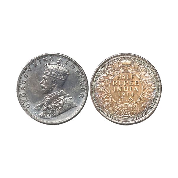 George V King Empreor, Silver 1/2 Rupee, 1914, Bombay Mint