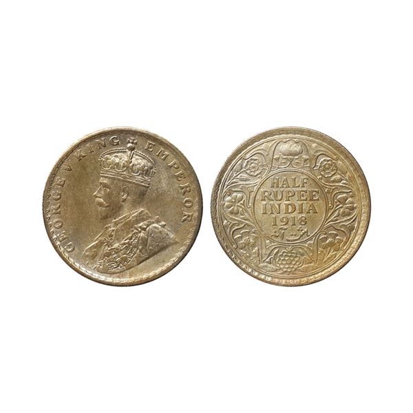 George V King Emperor, Silver 1/2 Rupee, 1918, Bombay Mint