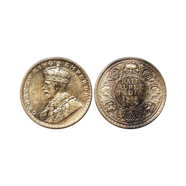 George V King Empreor, Silver 1/2 Rupee, 1918, Bombay Mint
