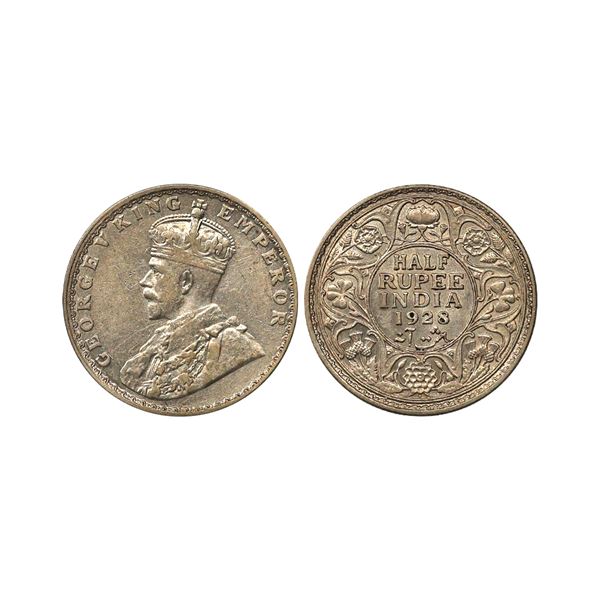 George V King Emperor Silver 1/2 Rupee, 1928, Bombay Mint