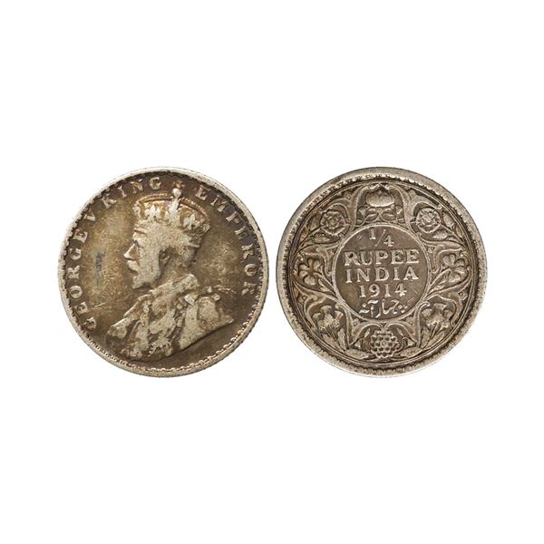 George V King Emperor, Silver 1/4 Rupee, 1914, Bombay Mint