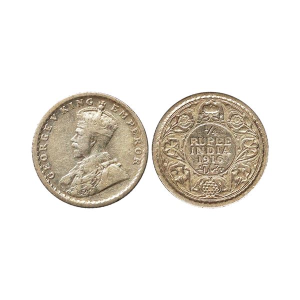 George V King Emperor, Silver 1/4 Rupee, 1916, Calcutta Mint
