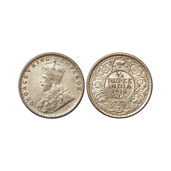 George V King Emperor, Silver 1/4 Rupee, 1918, Calcutta Mint