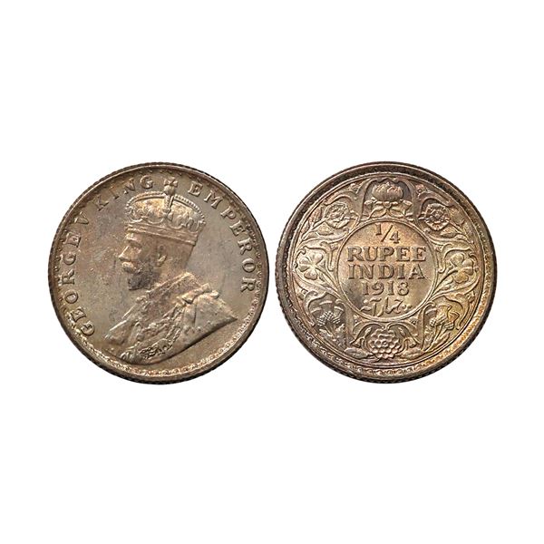 George V King & Emperor, Silver 1/4 Rupee, 1918, Calcutta Mint