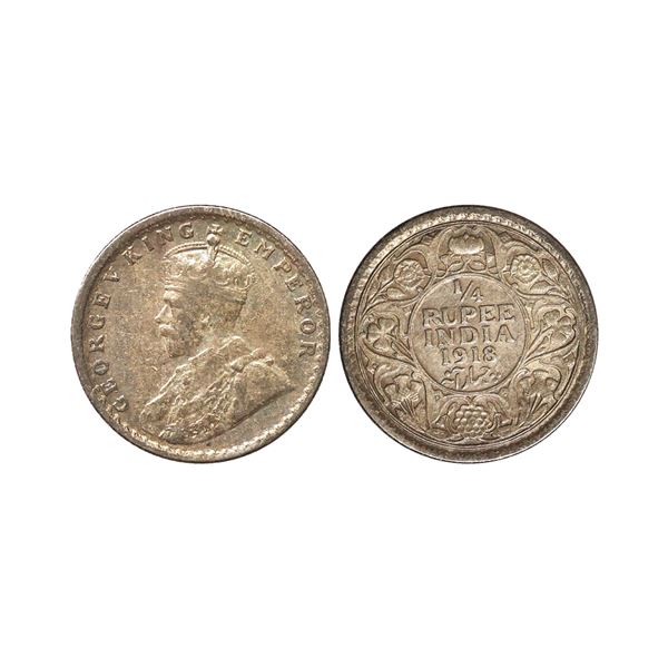 George V King Emperor, Silver 1/4 Rupee, 1918, Calcutta Mint