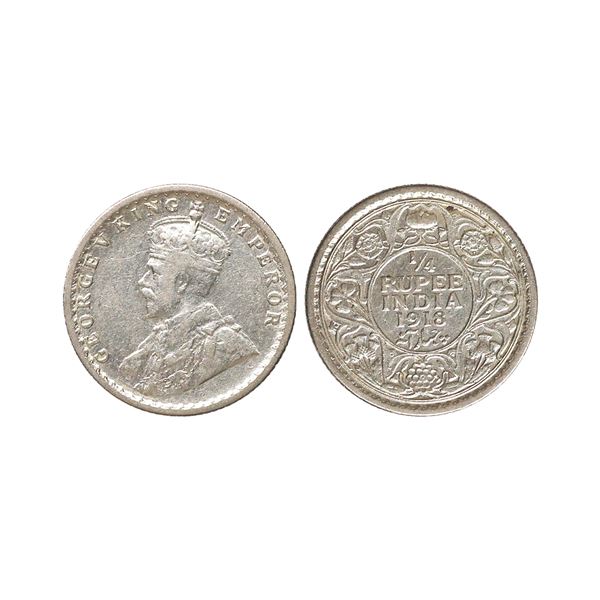 George V King Emperor, Silver 1/4 Rupee, 1918, Calcutta Mint