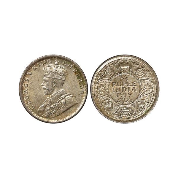 George V King Emperor, Silver 1/4 Rupee, 1919, Calcutta Mint