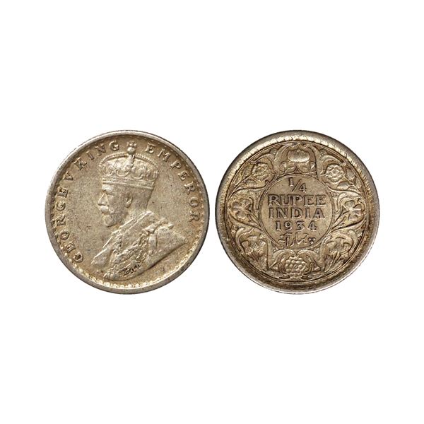 George V King Emperor, Silver 1/4 Rupee, 1934, Calcutta Mint
