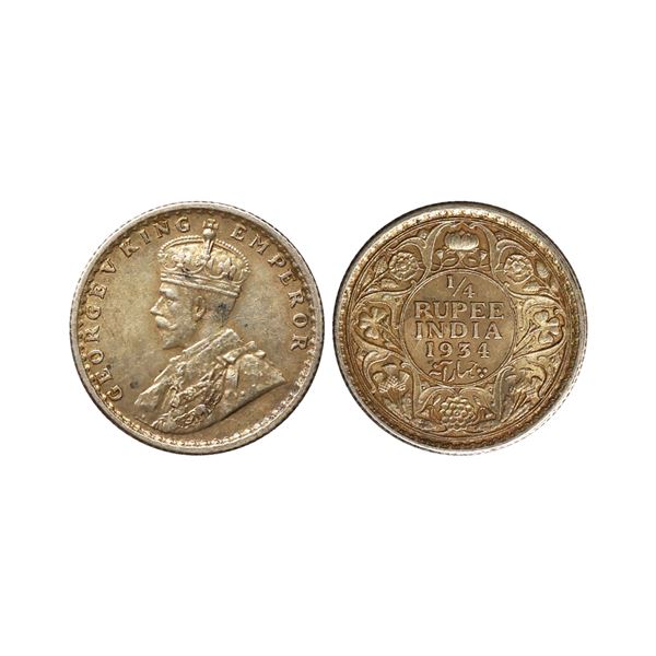 George V King Emperor, Silver 1/4 Rupee, 1934, Calcutta Mint