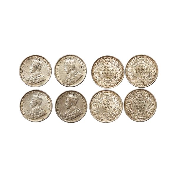 George V King Emperor, Silver 2 Annas, Set of 4, 1916,1917, Calcutta Mint