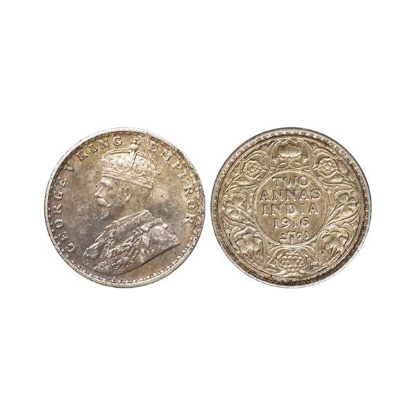 George V King Emperor, Silver 2 Annas, 1916, Calcutta Mint