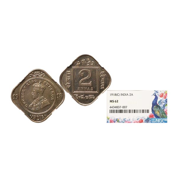 George V King Emperor, Copper-Nickel 2 Annas, 1918, Calcutta Mint