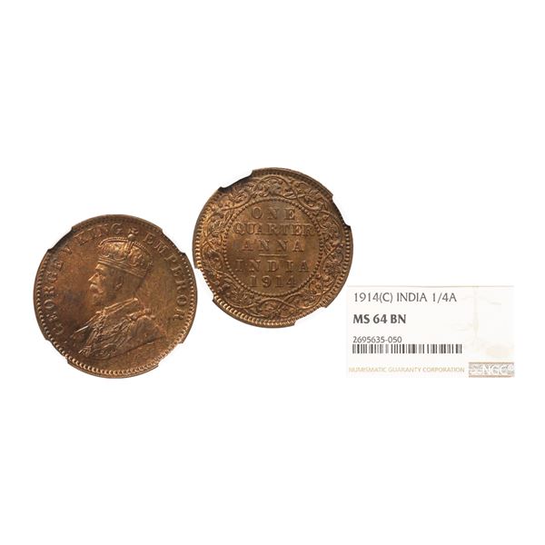 George V King Emperor, Copper ¼ Anna, 1914, Calcutta Mint