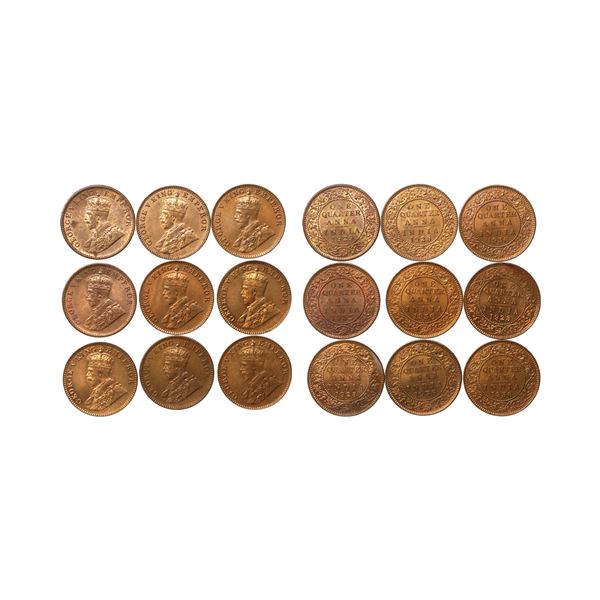 George V King Emperor, Copper ¼ Anna, Set of 9 Coins, Calcutta Mint