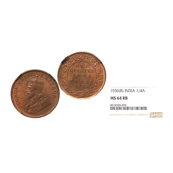 George V King Emperor, 1936, Copper 1/4 Anna, Bombay Mint