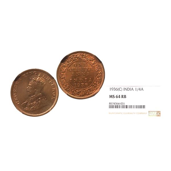 George V King Emperor, 1936, Copper 1/4 anna, Calcutta Mint