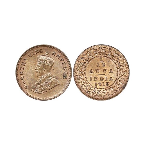 George V King Empreor, Copper 1/12 Anna, 1915, Calcutta Mint, Extra Fine.
