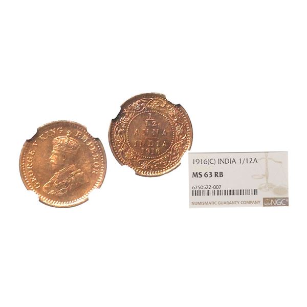 George V King Emperor, 1916, Copper 1/12 Anna, Rare date for the series, Graded by NGC as