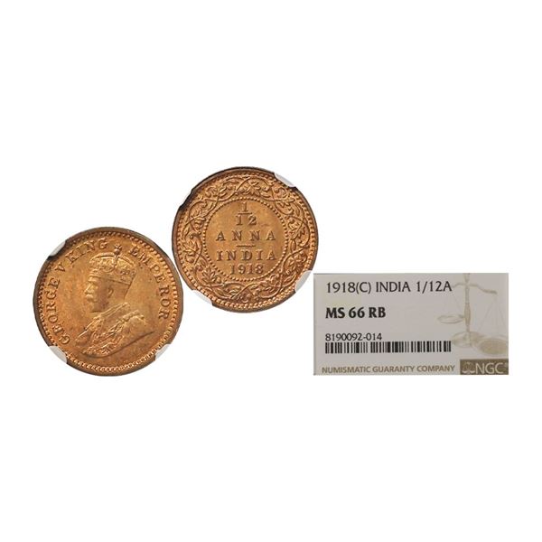 George V King & Emperor, Copper 1/12 Anna, 1918, Calcutta Mint. George V King Emperor, Cop