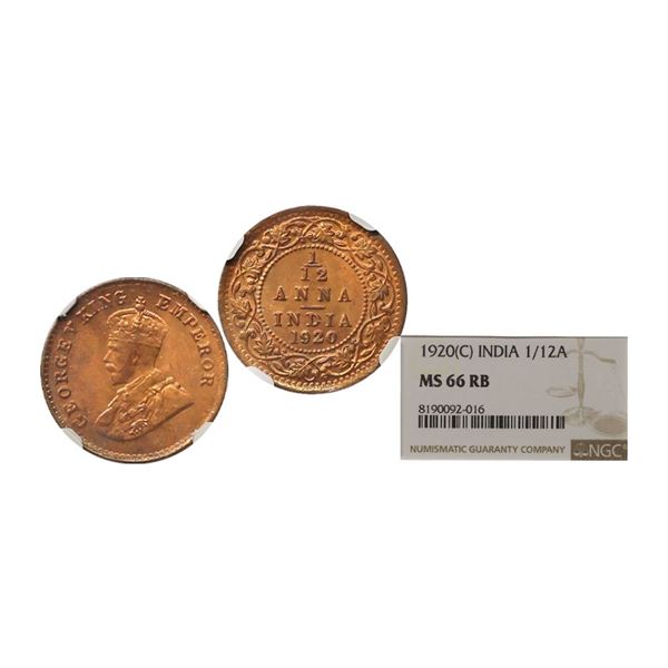 George V King & Emperor, Copper 1/12 Anna, 1920, Calcutta Mint. George V King Emperor, Cop