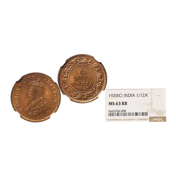 George V King Emperor, Copper 1/12 Anna, 1920, Calcutta Mint. Graded by NGC MS63RB.