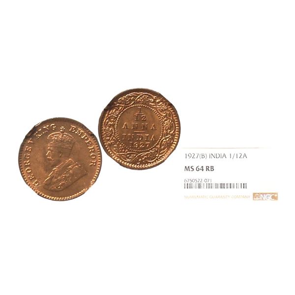 George V King Emperor, 1927, Copper 1/12 Anna, Bombay Mint, Key Date in the Series, Superb