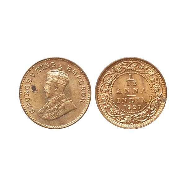 George V King Empreor, Copper 1/12 Anna, 1927, Bombay Mint, Very Fine.
